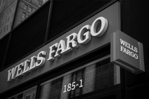 Close shot black and white photograph of Wells Fargo Building with logo