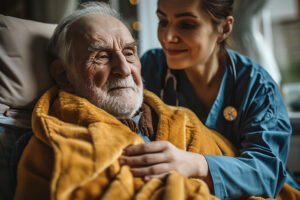 Sick old man with a nurse smiling and taking care of him