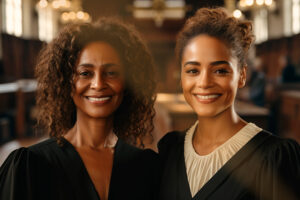 Young professional lawyers smiling and looking at camera.